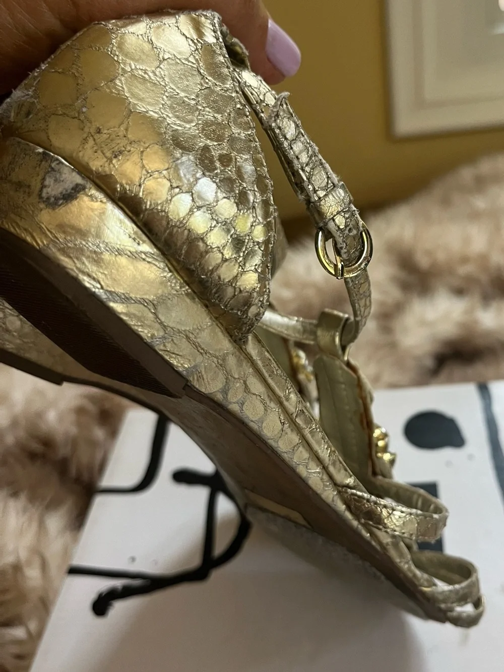 Unisa Gold Metallic Crystal Embellished T-Strap Heels